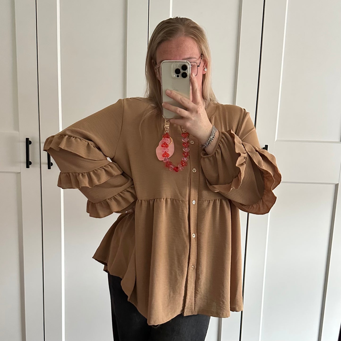 Blouse ruffle mouw - Camel