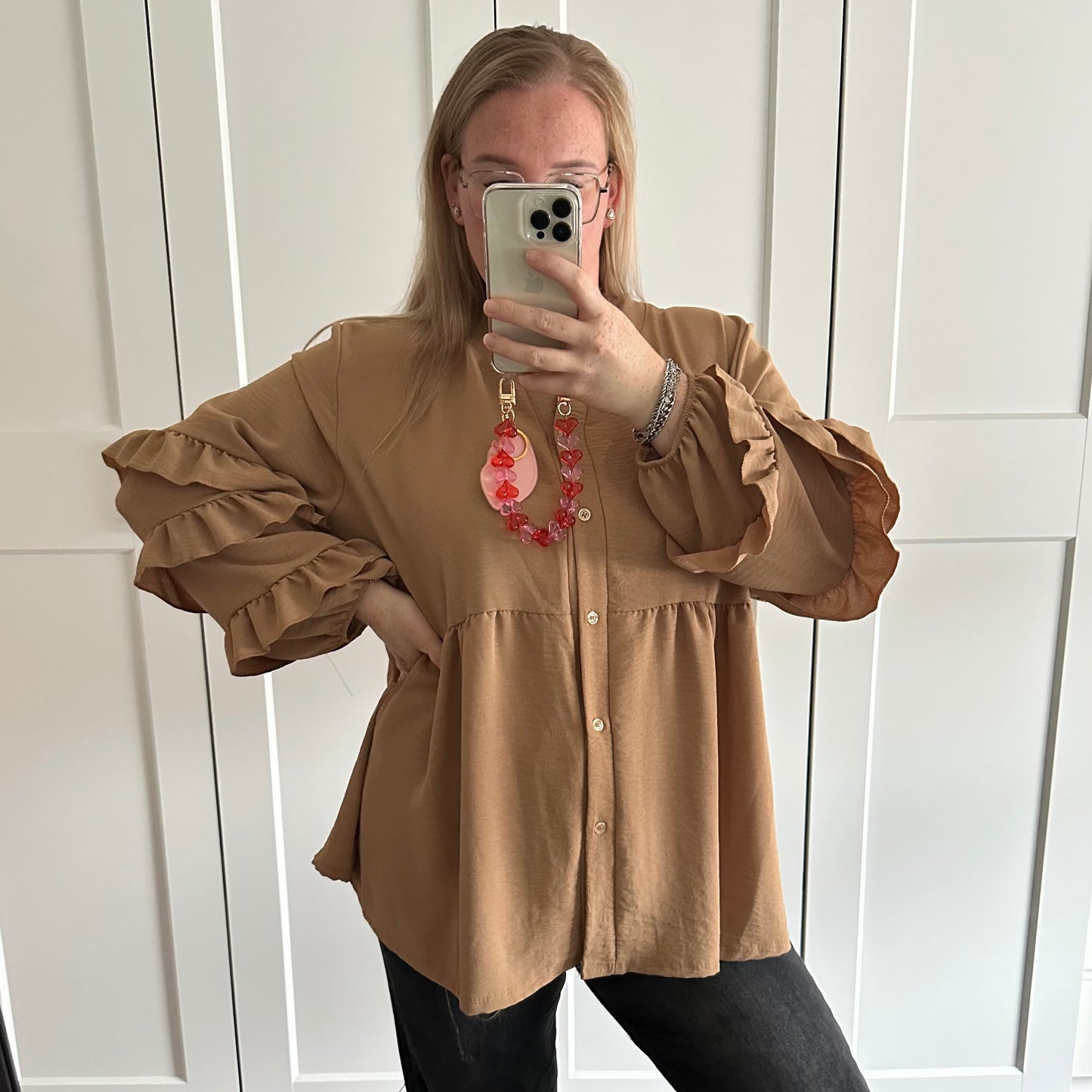Blouse ruffle mouw - Camel