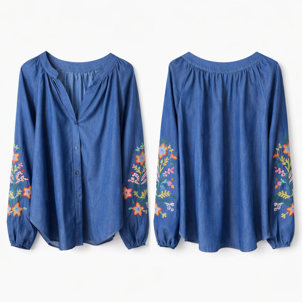Blouse opdruk mouw - denim gekleurd