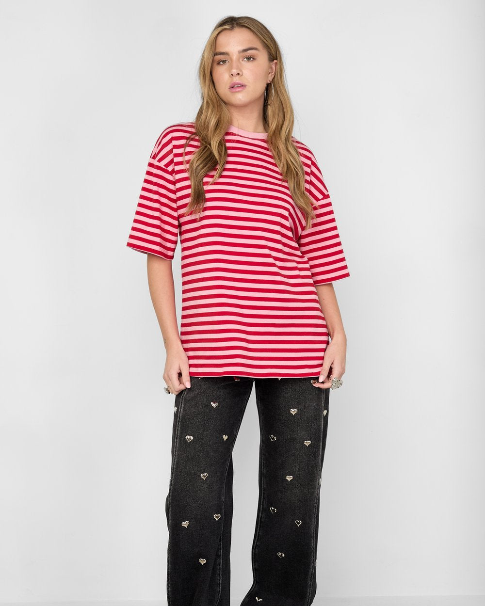 T-shirt gestreept - roze korte mouw