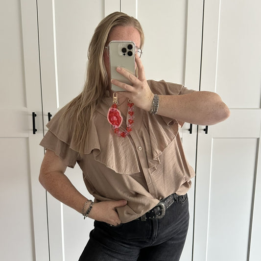 Blouse ruffle mouw kort - Beige