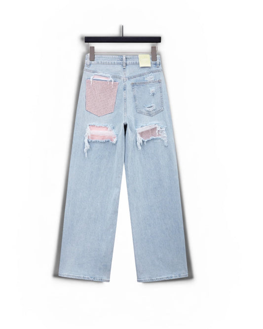 Jeans glitter zak - roze